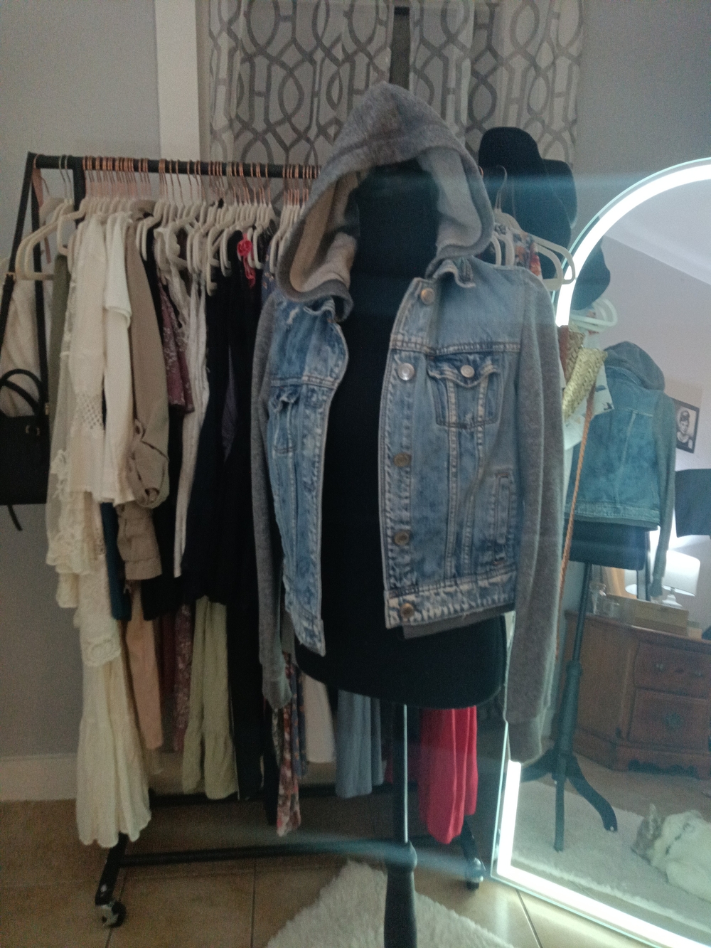 American Eagle Outfitters Light Blue Denim Jacket with Gray Knit Hood & Sleeves